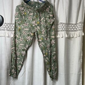 aerie Green Floral Elastic-Waist Jogger Pants with Pink & Yellow Accents